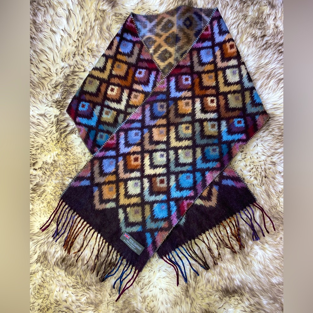 Vintage 100% Cashmere Scarf - Southwestern Aztec Print - Made in Scotland